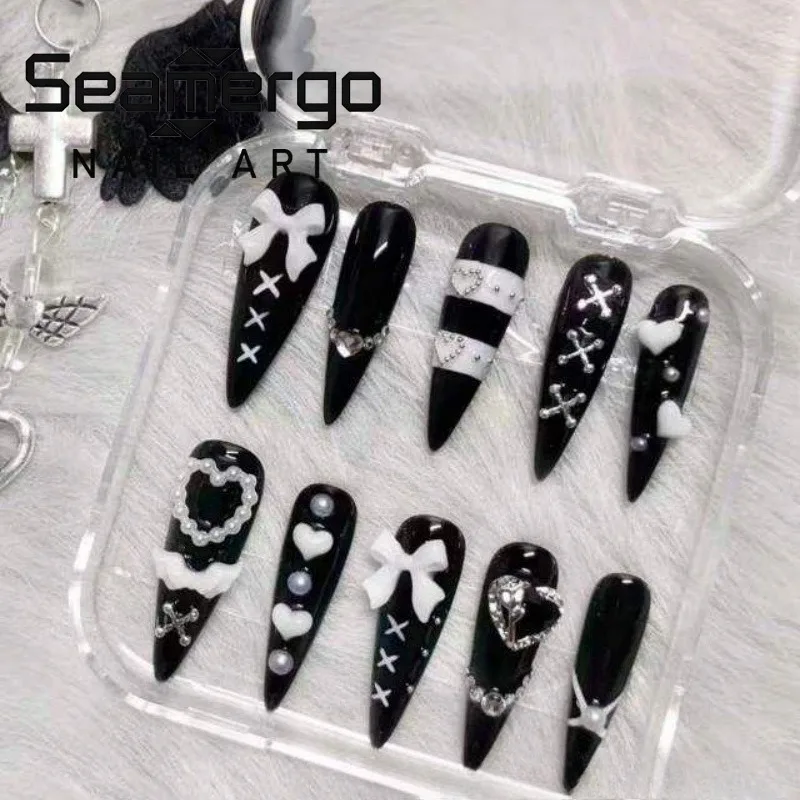 10PCS Gothic Black Long Stiletto Handmade Press on Nails White 3D Bow Heart Decor with Pearl Fake Nails for Spice Girls Wearable