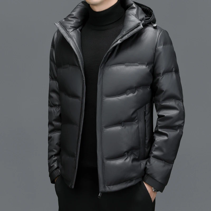 ZDT-8054 Winter New Men's Sheepskin Short Hooded White Duck Down Casual Down Jacket Warm And Thick Genuine Leather Jacket