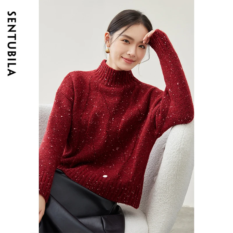 SENTUBILA Loose Fit Red Knitted Pullovers for Women Winter 2024 Wool Crew Collar Long Sleeve Short Women Sweater W44E5688