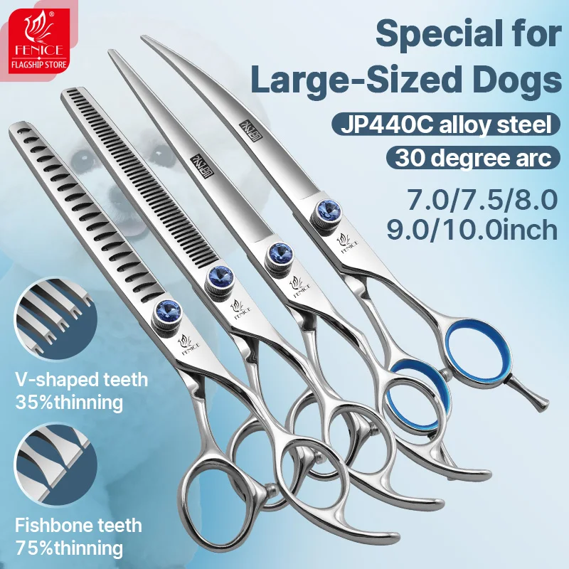 Fenice Pet Scissors Canine Grooming 7/7.5/8/9/10 Inch Straight Chunker Curved Scissors Thinner Shears for Pet Beautician Tesoura