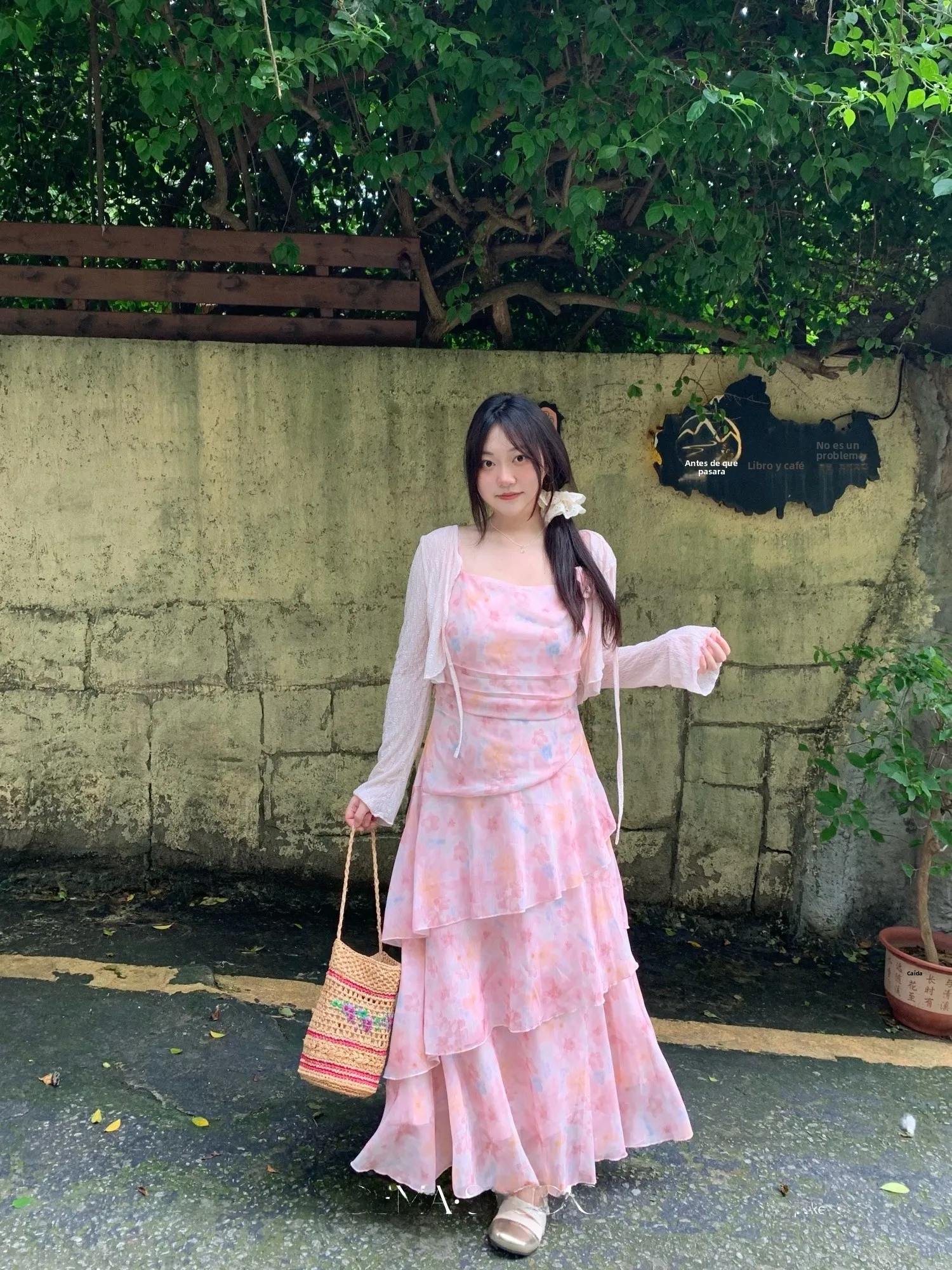 Vestido Halter de Verano Talla Grande con Estampado Floral Degradado Rosa, Estilo Dulce DEMA, Falda Larga de Vacaciones con C...