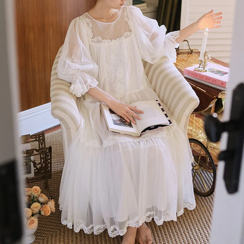 Women Spring Autumn Princess Sleeping Dress Sweet Cute Girls French Fairy Mesh Cotton Nightgown Retro Palace Style Sleepwear