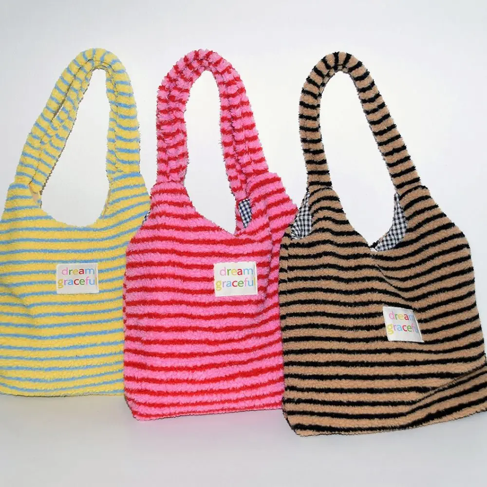 Color Blocking Stripe Plush Handbag Mommy Bag Shopping Bag Large Capacity Tote Bag Storage Bag Underarm Bag Shoulder Bag Outdoor