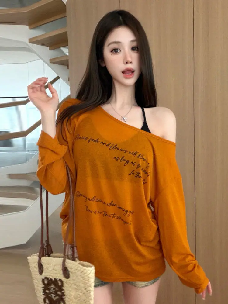 Sexy Long Sleeve T-Shirt Loose Letter Print Base Tank Set Fashionable Girl Sun Protection Cover up Summer Youth Style Top
