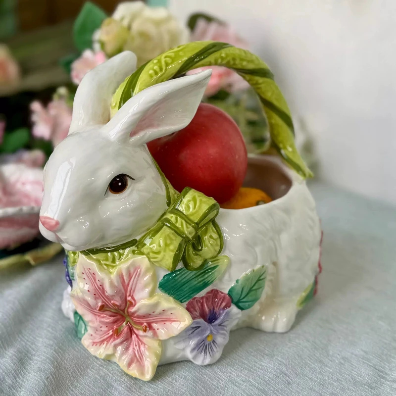 Hand Painted Lily Rabbit Ceramic Fruit Basket Underglaze Snack Storage Bowl Farmhouse Kitchen Decor Vintage Harvest Gift Baskets