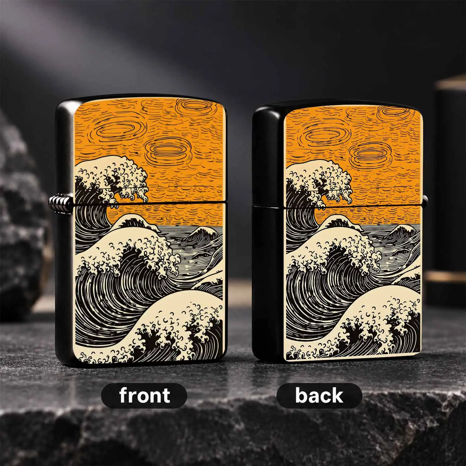 Ukiyo-e Wave Themed Lighter, Classic Artistic Orange Swirling Sky Retro Woodcut Style Design, Portable Multi-functional Igniter for Outdoor Camping, Indoor Candle Incense Lighting, Exquisite Trendy Practical Daily Carry  A Humorous And Inte