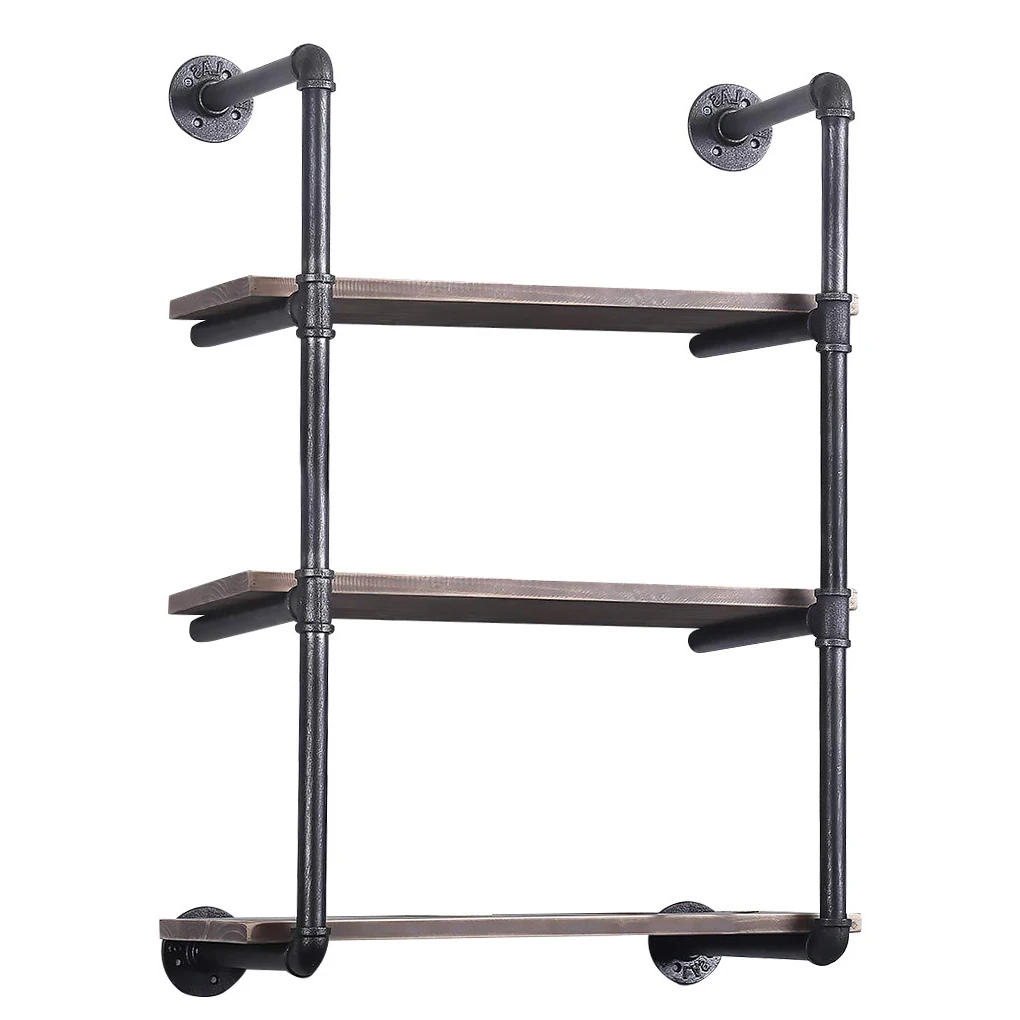 

Wall-mounted Vintage Black Book Shelf Industrial Shelving Hanging Bookshelf Metal Bracket, 3-Tier with Board