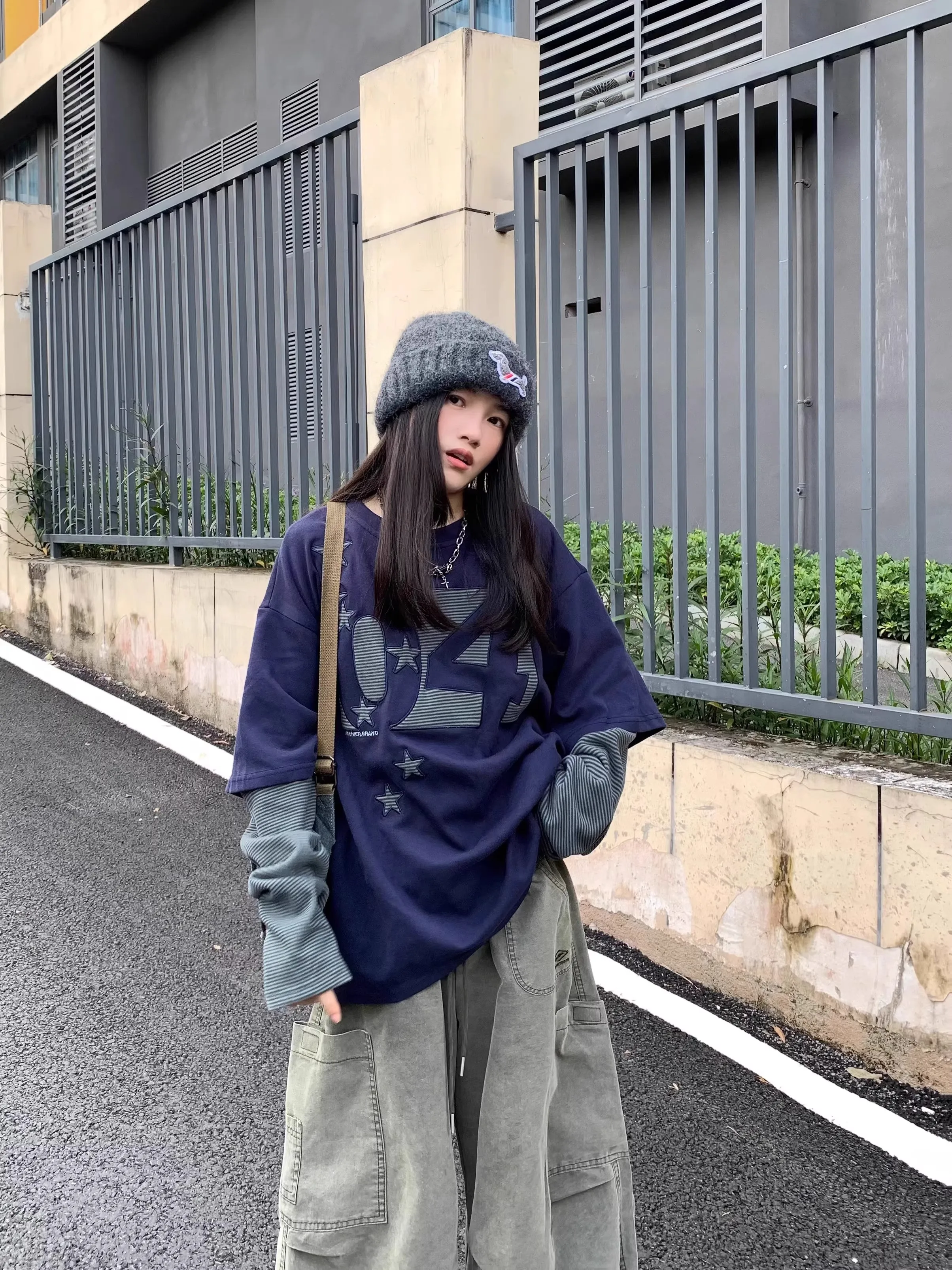 

plus Size Women's Retro American Patchwork Embroidery Loose Fit Sweatshirt Spring Autumn Slimming Top Fake Two-Piece Style