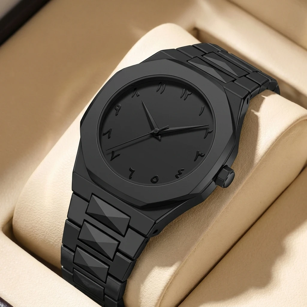

1pc All-Black Metal Chain Watch with Octagonal Bezel, Unique Markings, Simple and Stylish, Unisex, Trendy and Versatile