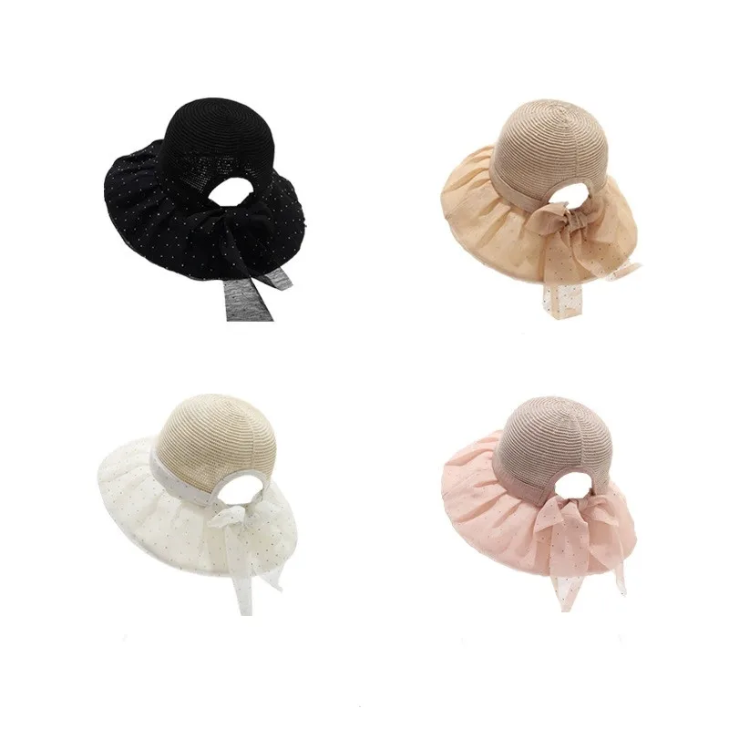 Women's Spring Summer Korean Shiny Stone Stud Bucket Hat with Bow Ponytail Hole UV Sun Protection Hat