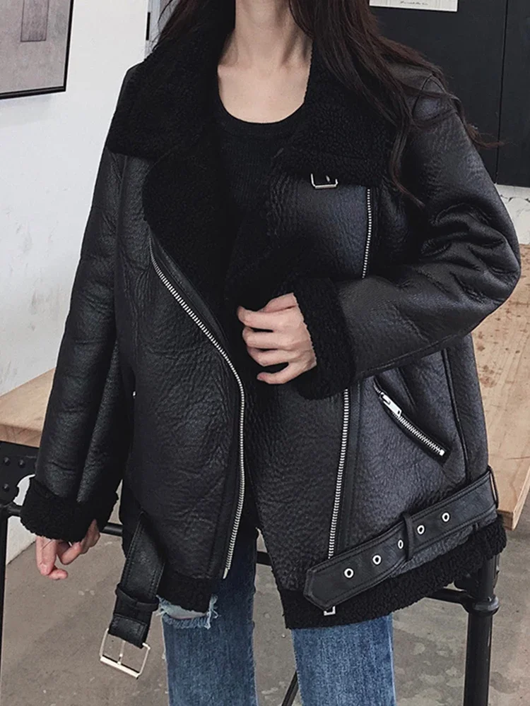 Ailegogo New Women Lamb Fur Faux Leather Jacket Coat Turn Down Collar Winter Thick Warm Zipper With Belt Outerwear