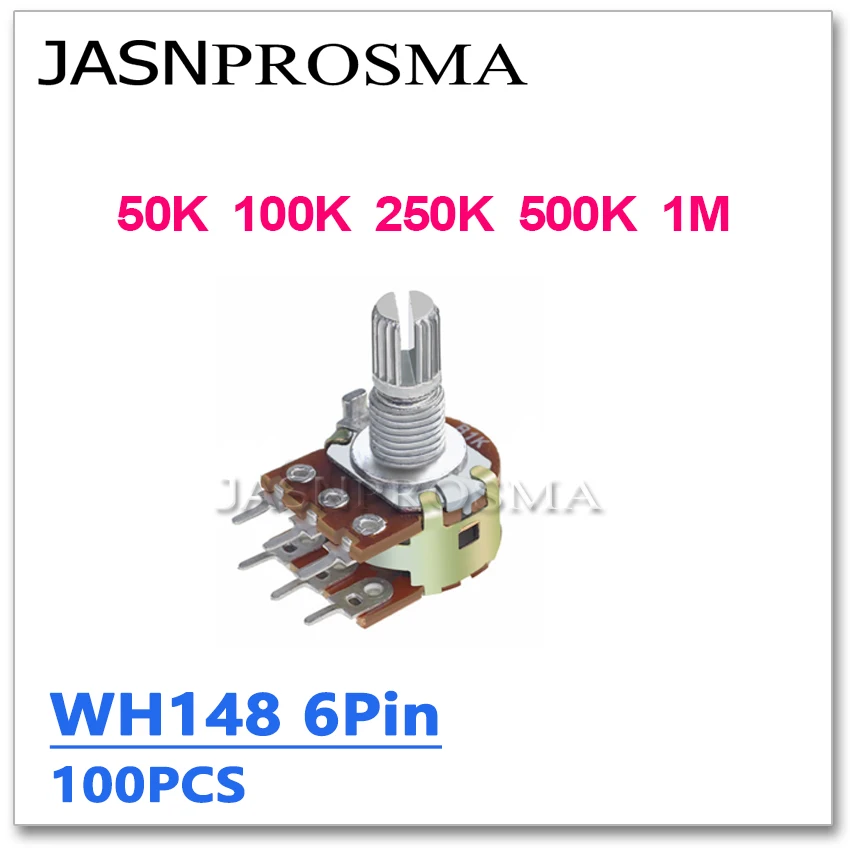 

JASNPROSMA WH148 100PCS 6PIN 15MM 20MM B50K B100K B250K B500K B1M 50K 100K 250K 500K 1M potentiometer 148 Knob Double