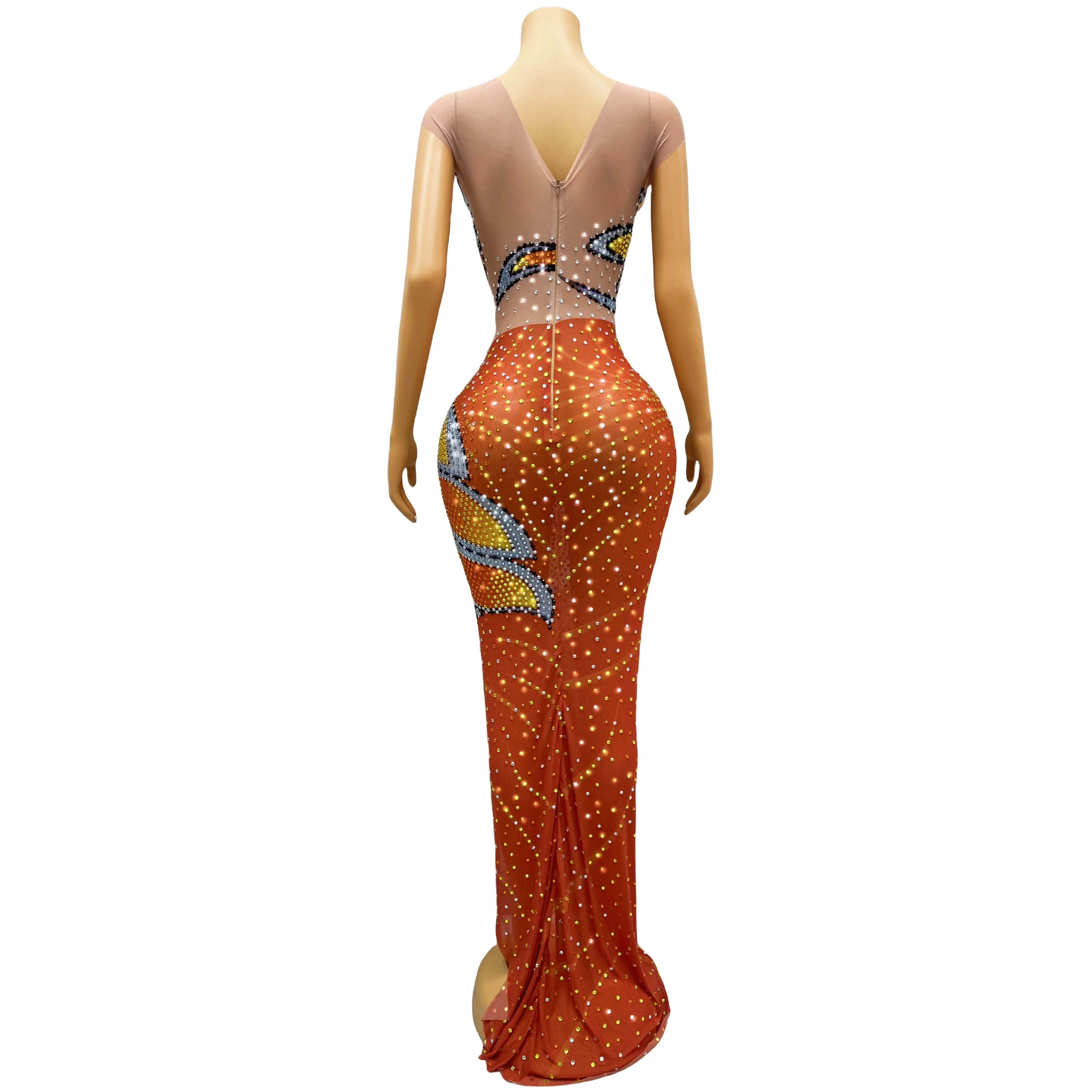 Orange Colorful Rhinestones Sleeveless Dress Sexy Transparent Stretch Outfit Nightclub Birthday Dance Party Collections fengdie