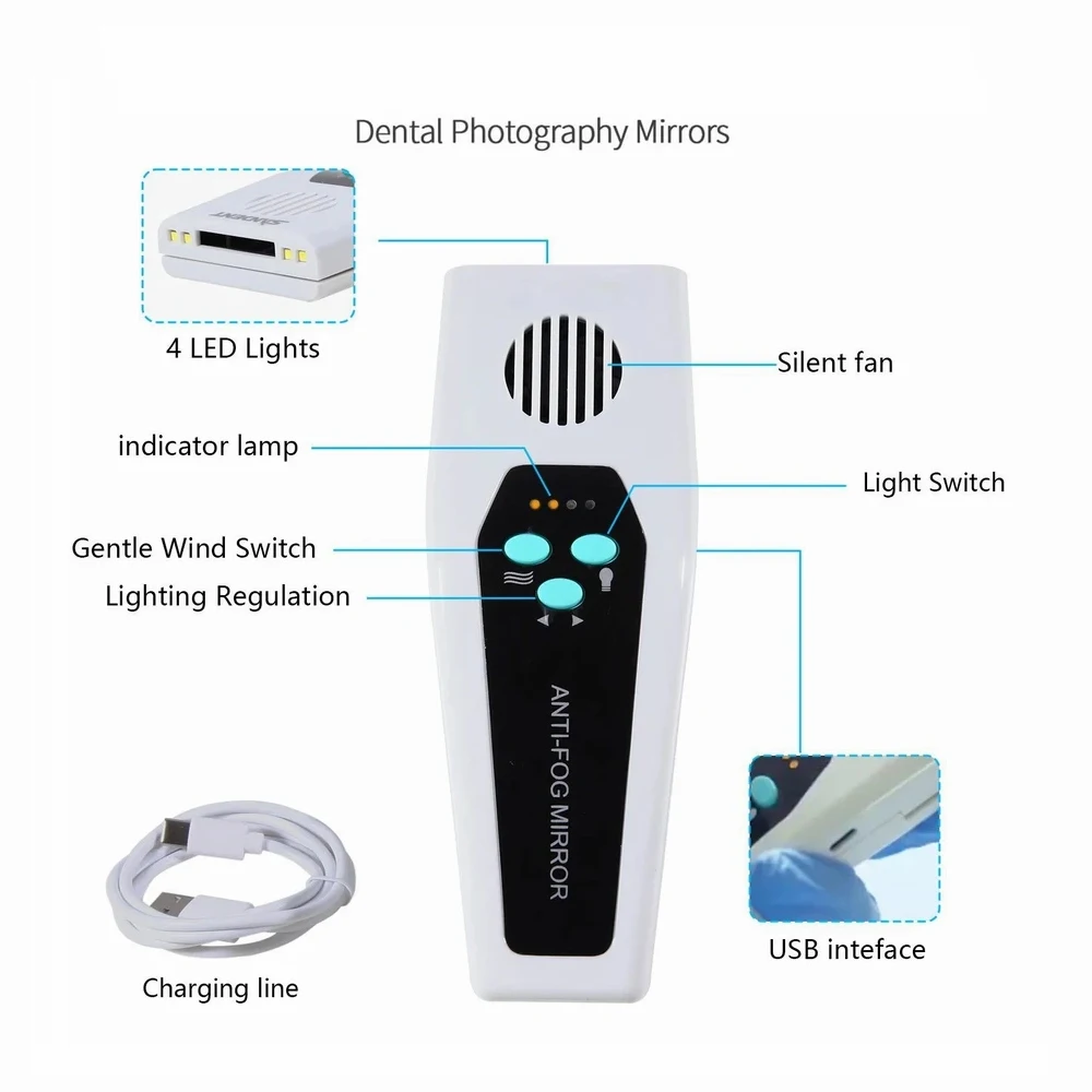 Dental Automatic Fog Free Mirrors Intraoral Anti-Fog Mirror Photography Stainless Steel Mirror LED Light Orthodontic Reflector