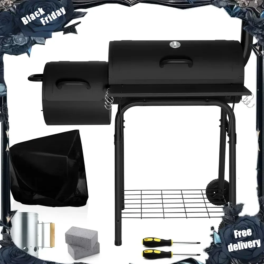 Charcoal Grill with Offset Smoker,  13 Pcs Outdoor Charcoal Grill with Smoker, 445 Sq.in Barrel BBQ Grill with Cover