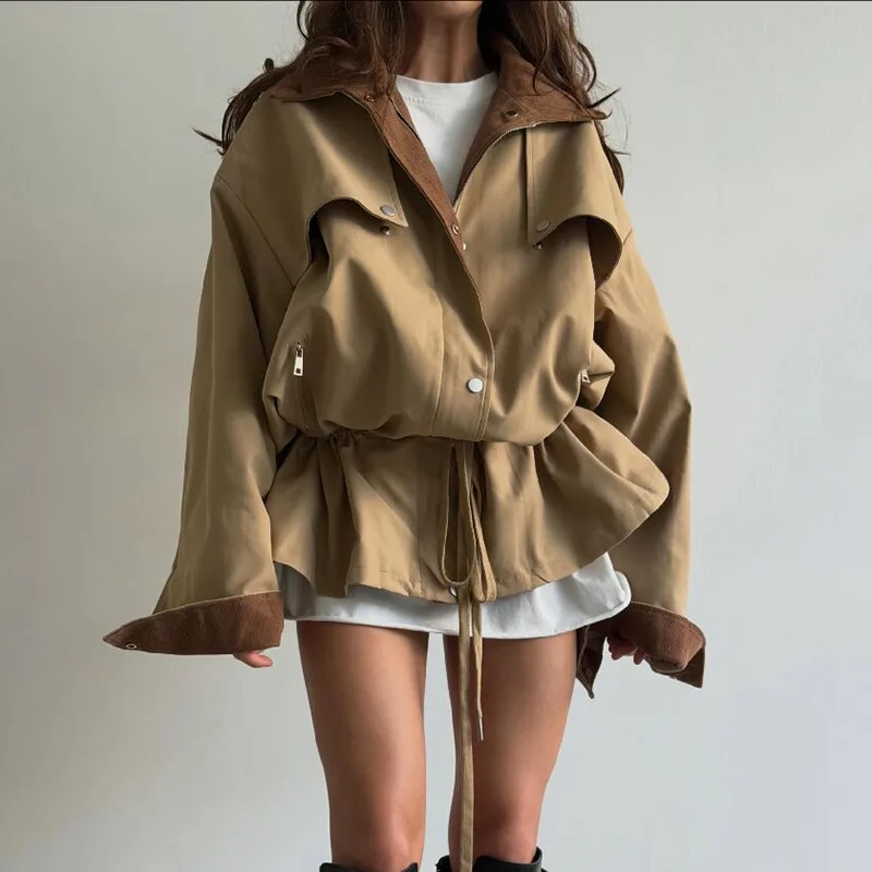 Stand Collar Mid‑Length Trench Jacket Drawstring Waist Zip Button Closure Loose Oversized Women Casual Outerwear 260901