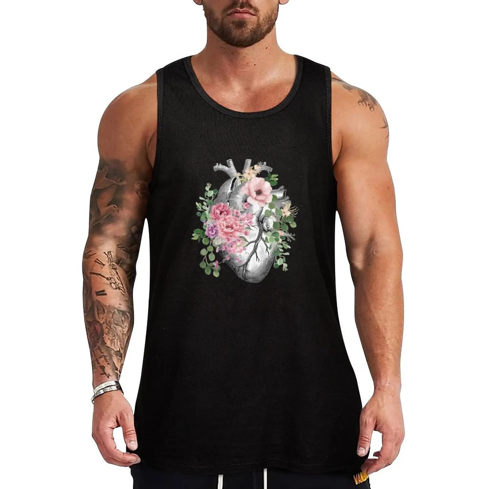Bloom Floral Heart Human Anatomy pink roses flowers Tank Top Gym Tank Top Quick Dry Sleeveless Fitness Shirt