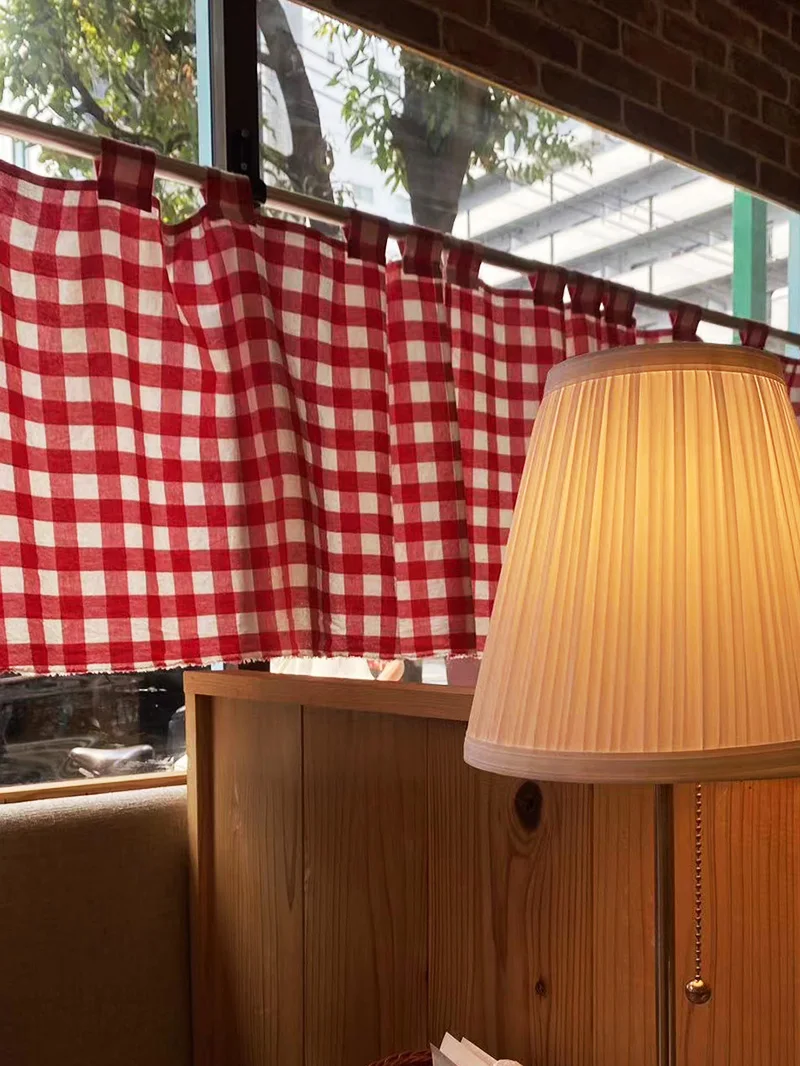 

Countryside American Style Red Checkered Partition Curtains for Living Room Kitchen Balcony Blackout Semi Short Curtain Head
