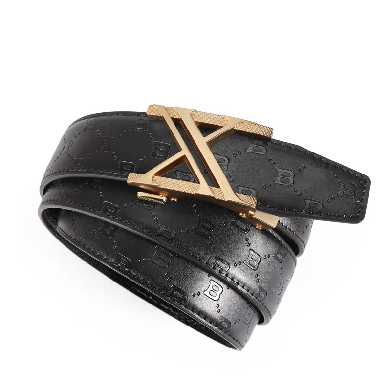1pc men's multi-color business casual adjustable leather belt with double X metal automatic buckle and embossed lettering