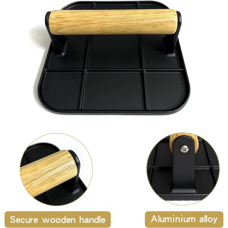 Meat Press With Wooden Handle 6In Square Burger Press Aluminum Hamburger Smasher Tool Use For Grill And Griddle Cooking