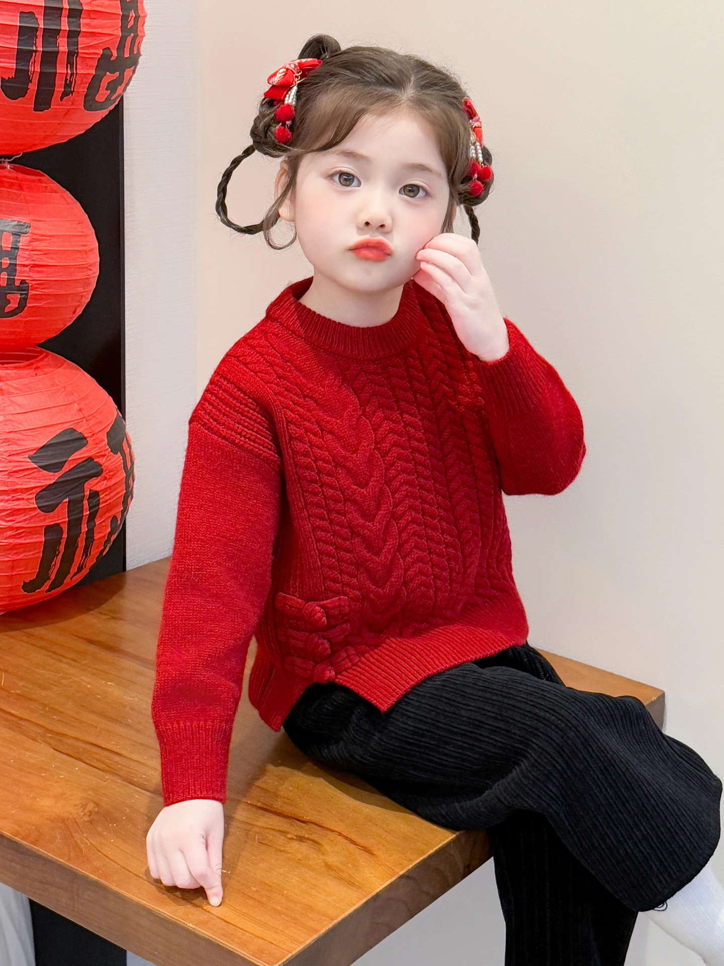 

Thiened Ретро китайский вязаный свитер для девочек, зимний повседневный Sle, милый новогодний наряд для маленьких девочек, базовый слой irt