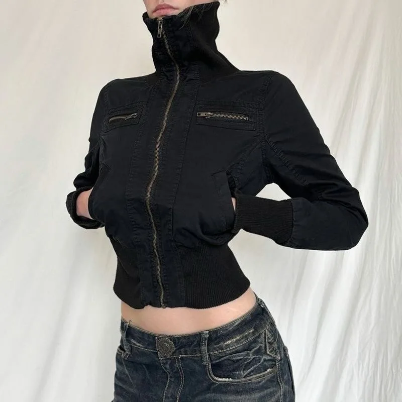 American retro collar short jacket metal multi-zipper pocket rib hem autumn and winter slim fashion tooling jacket.