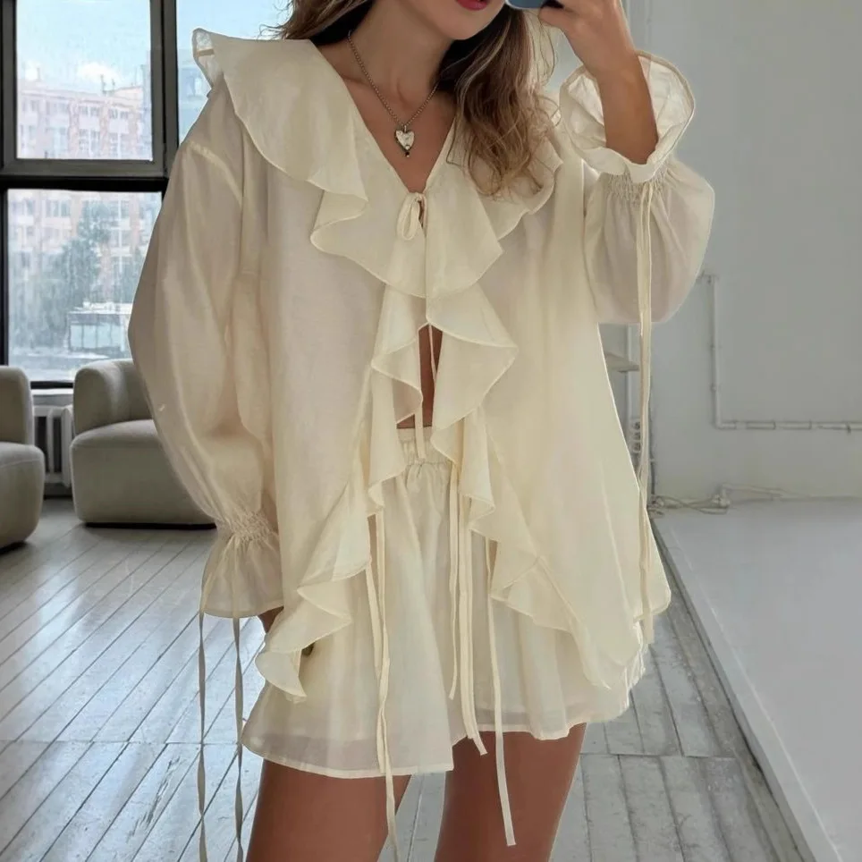 New Casual Shorts Two-piece Set Women's Fashion Ruffled Loose Tie Top Simple Shorts Set Office Lady Summer Female Shorts Set