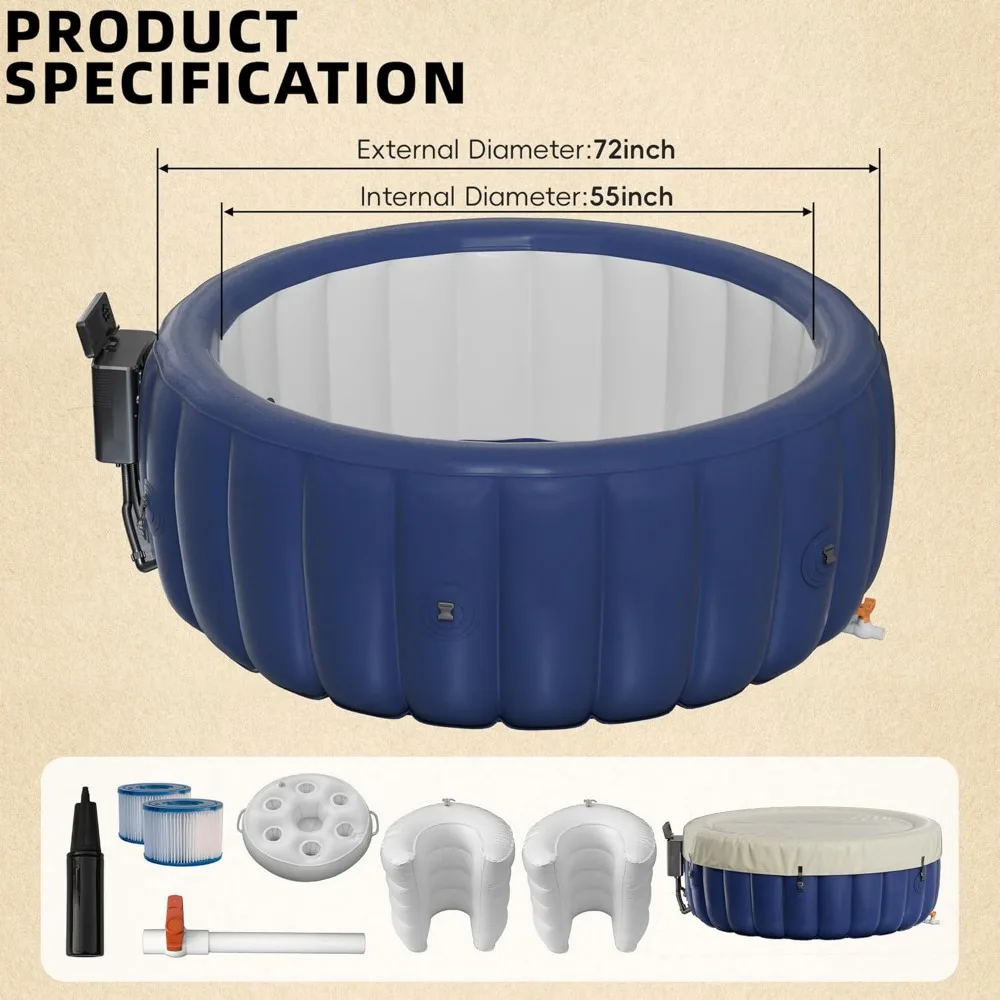 Nadmuchiwana wanna z hydromasażem dla 2–4 osób, przenośne spa na świeżym powietrzu z 146 łagodzącymi dyszami powietrznymi (73" x 28"), przenośna wanna z hydromasażem z pokrywą