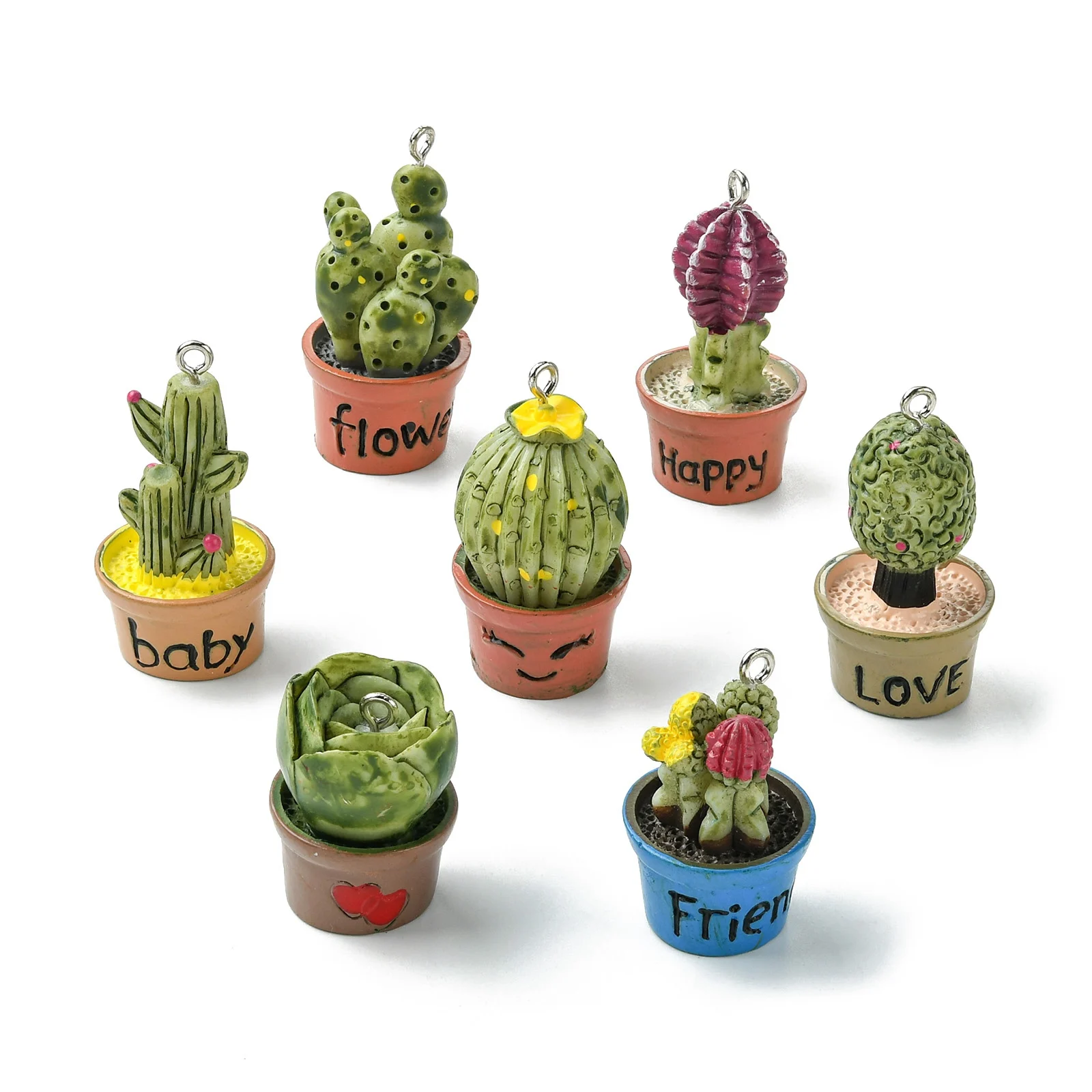 14Pcs Mixed Styles Resin Tropical Plant Charms 3D Desert Cactus Potted Dangle Charms for Summer Necklace Jewelry Making