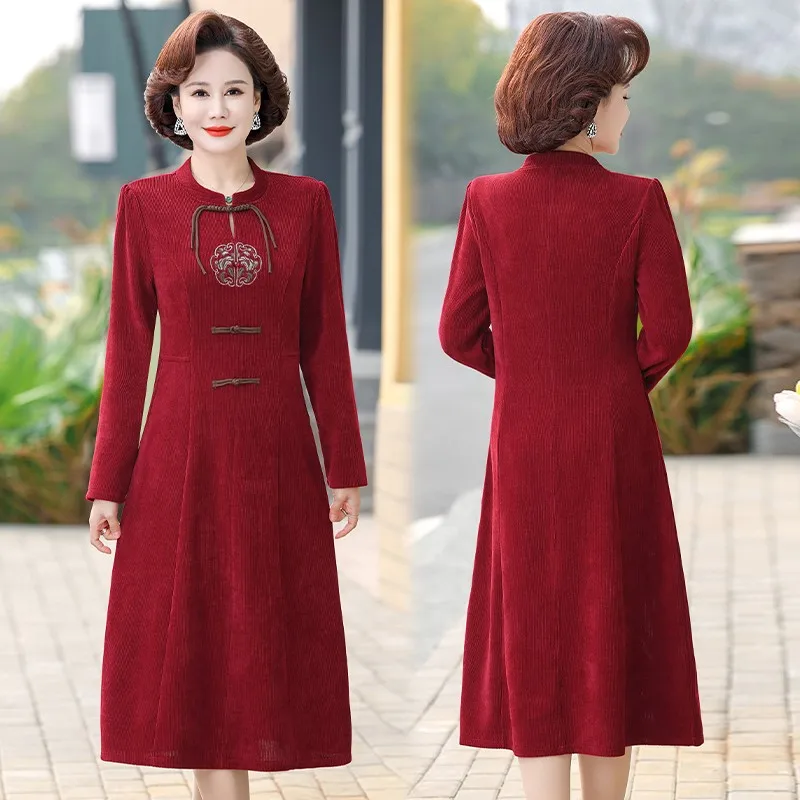 Elegante A-Linie Kleid Damen bekleidung pendeln Langarm Frühling Herbst Vintage stilvolle Stickerei in chinesischen Stil Kleider