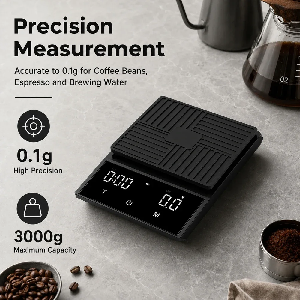 Digital Coffee Scale 3000g/0.1g with Timer Auto Tare Brew Ratio Type-C Rechargeable for Espresso Pour Over Barista Tools