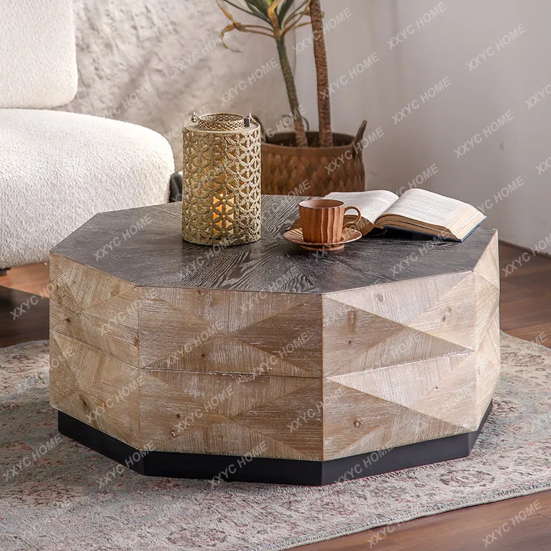 Sofa coffee table small apartment solid wood living room side table retro hexagonal living room small table