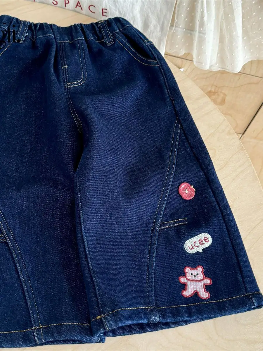 Abbigliamento Invernale per Bambina, Pantaloni in Denim a Gamba Dritta con Ricami, Pantaloni Larghi in Velluto Imbottiti per Autunno e Inverno