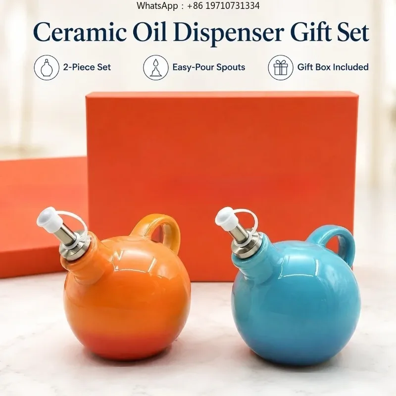 Ceramic Oil And Vinegar Dispenser Set: 2-Piece Opaque Olive Oil Cruet With Spout In Gift Box For Kitchen
