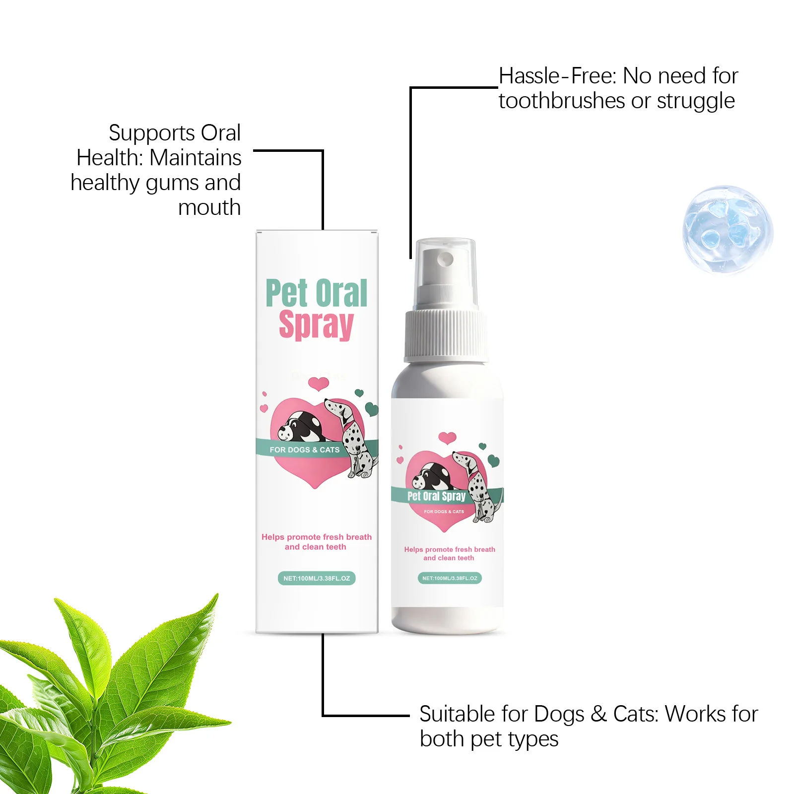 100ML Pet Oral Care Spray Cleaning Teeth Stains Prevent Plaque & Tartar Eliminate Bad Breath Promote Oral Health Pet Oral Spray