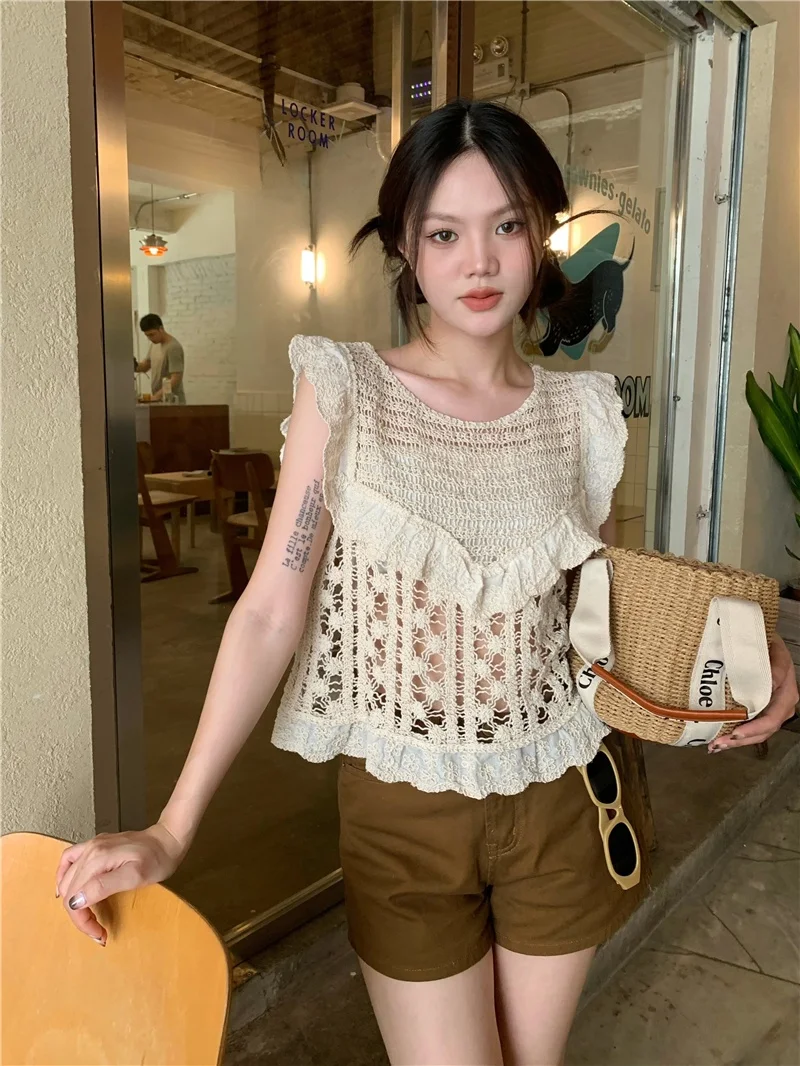 

Ретро-топ без рукавов с кружевной отделкой и ажурной вязкой для женщин, летний тонкий прямой крой