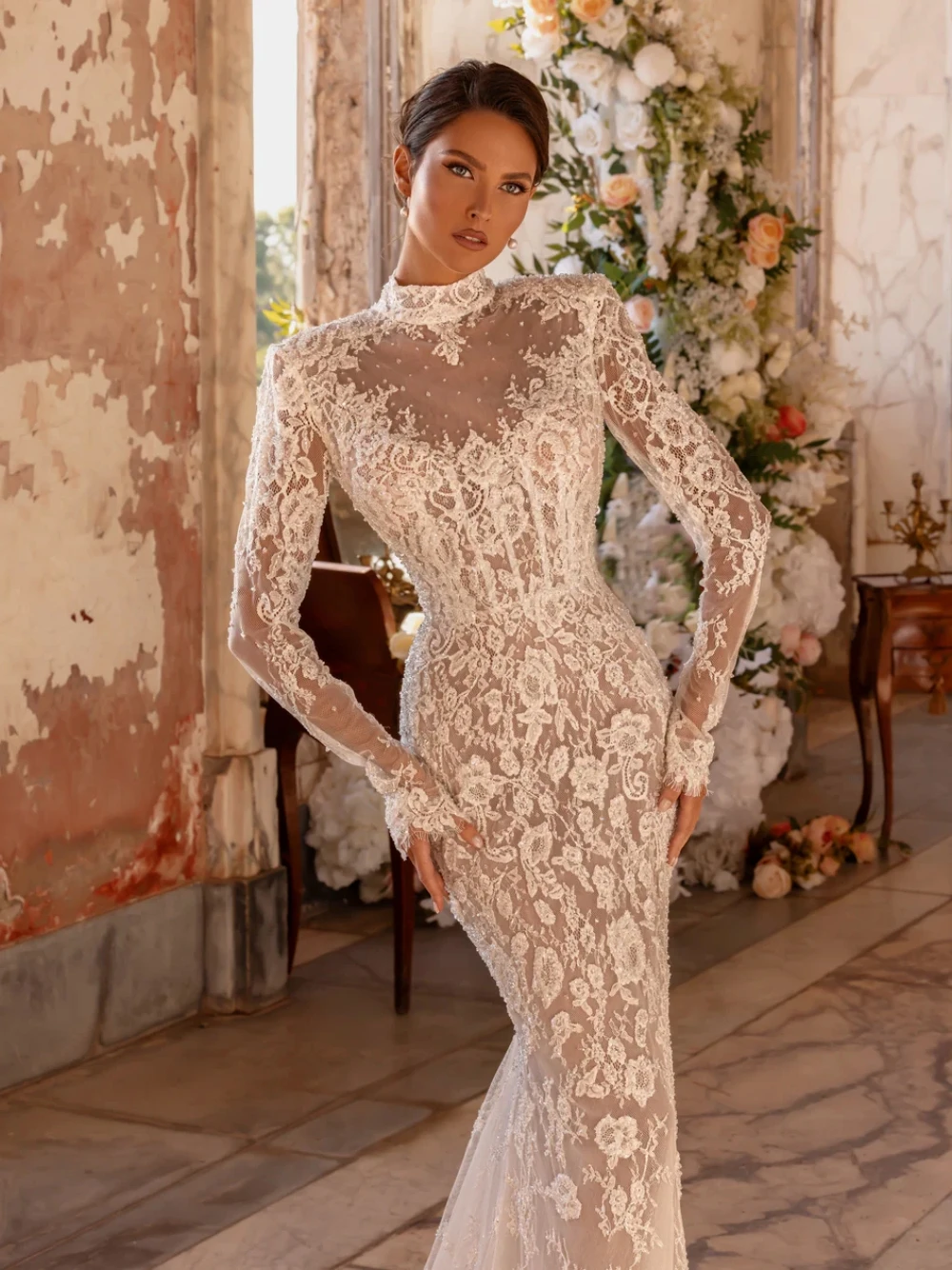 الوهم حورية البحر حالمة الدانتيل فستان الزفاف أزياء شير طويلة الأكمام عالية العنق حساسة بريق مخصص ثوب الزفاف