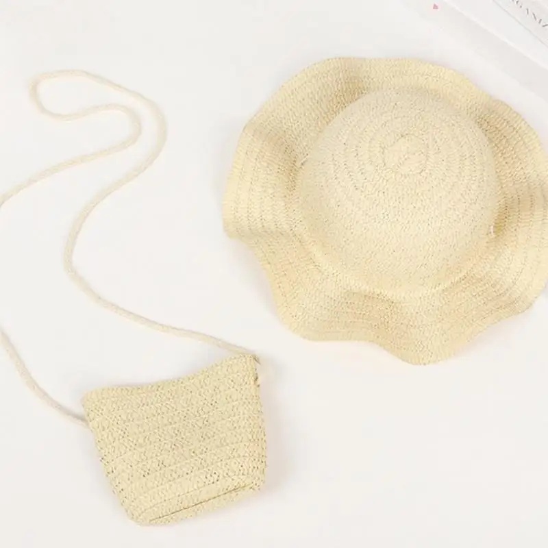 Girls Wide Brim Straw Hat Set with Woven Bag Wavy Edges Sun Cap Beach Travel Picnic Essentials Age 3 10
