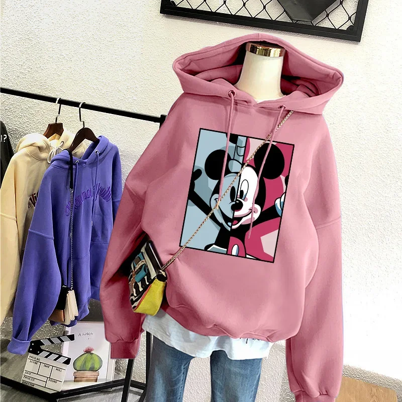 Disney Hoodie Fashion Loose Women's Sweatshirt Mickey Cute Print Pullover Thickened Long Sleeved Sweatshirt Top Y2K