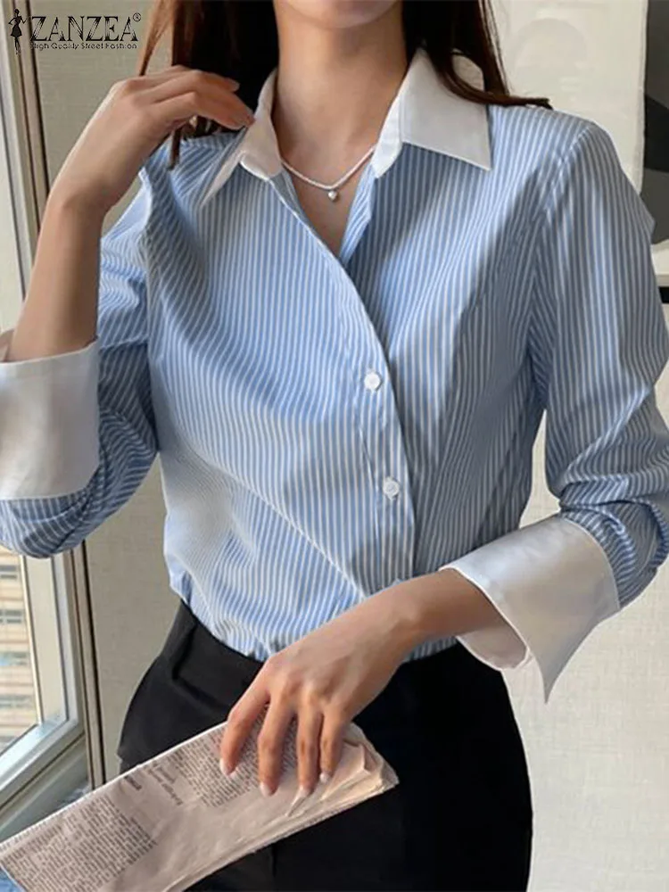 Fashion Women Long Sleeve Striped Shirt Autumn Elegant Lapel Neck Patchwork Blouse ZANZEA Casual OL Work Tops Irregular Blusas