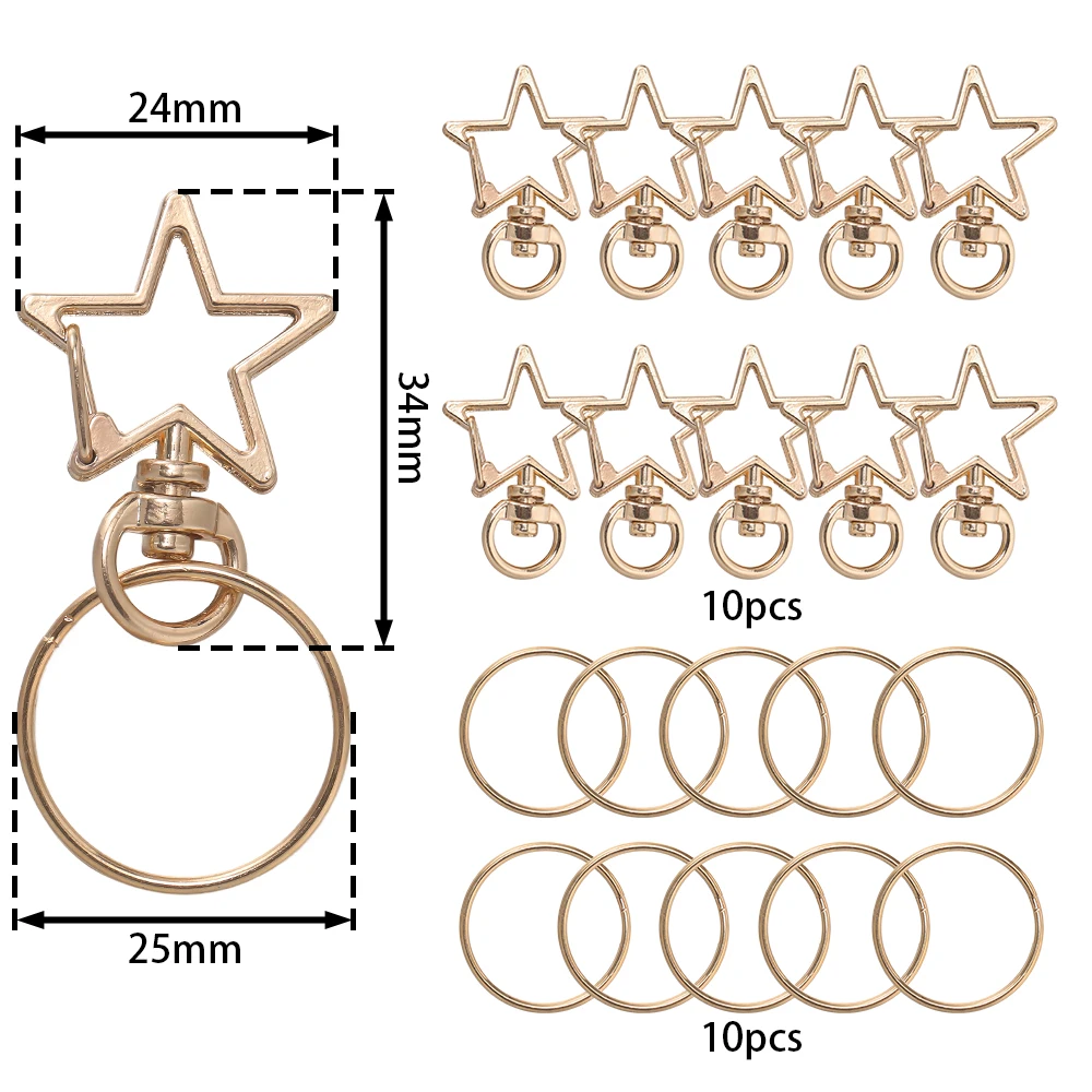 10 pçs/set em forma de estrela primavera snap chaveiro clipe com fivela de suspensão, anel de salto aberto & fecho giratório de metal para fazer jóias diy