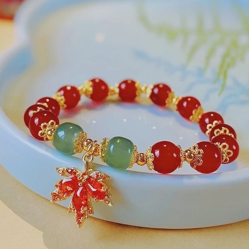 Red Natural Jade Beads Bracelet Maple Leaf Bangle Real Jewelry Fashion Gifts for Women Charm Gemstone Designer Accessories