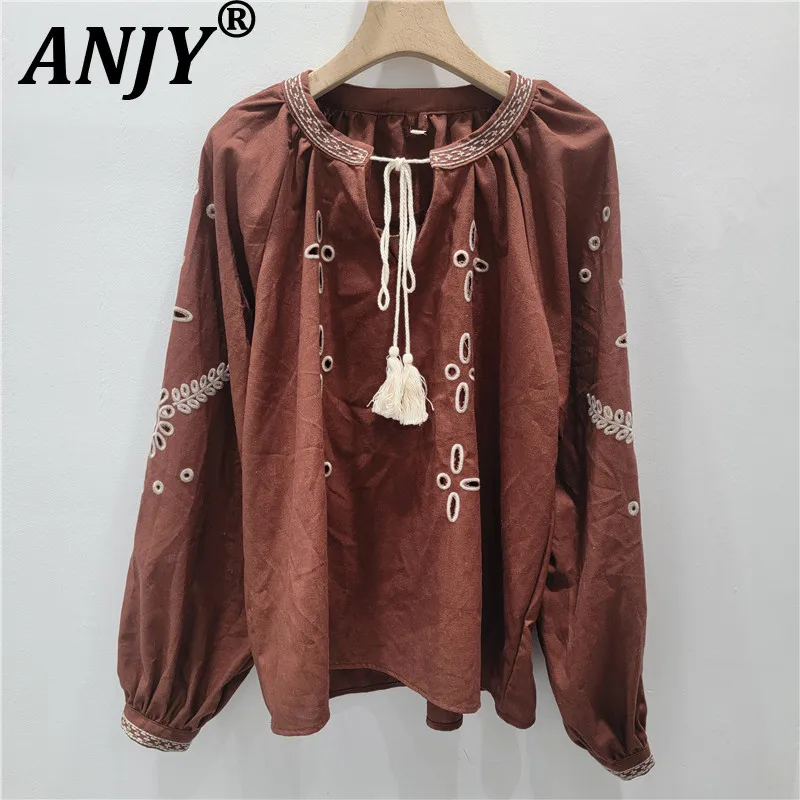 

ANJY Spring Summer New Women Heavy Embroidered Hollow Out Bohemian Style Linen Shirt Stylish Vintage Pleated A-Line Skirt A20634