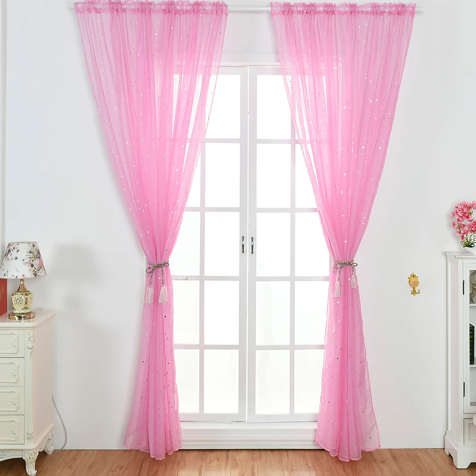 

Silver Star Sheer Curtains Pink Embroidered Window Voile Tulle Kids Bedroom Living Room Playroom Decor Privacy Polyester