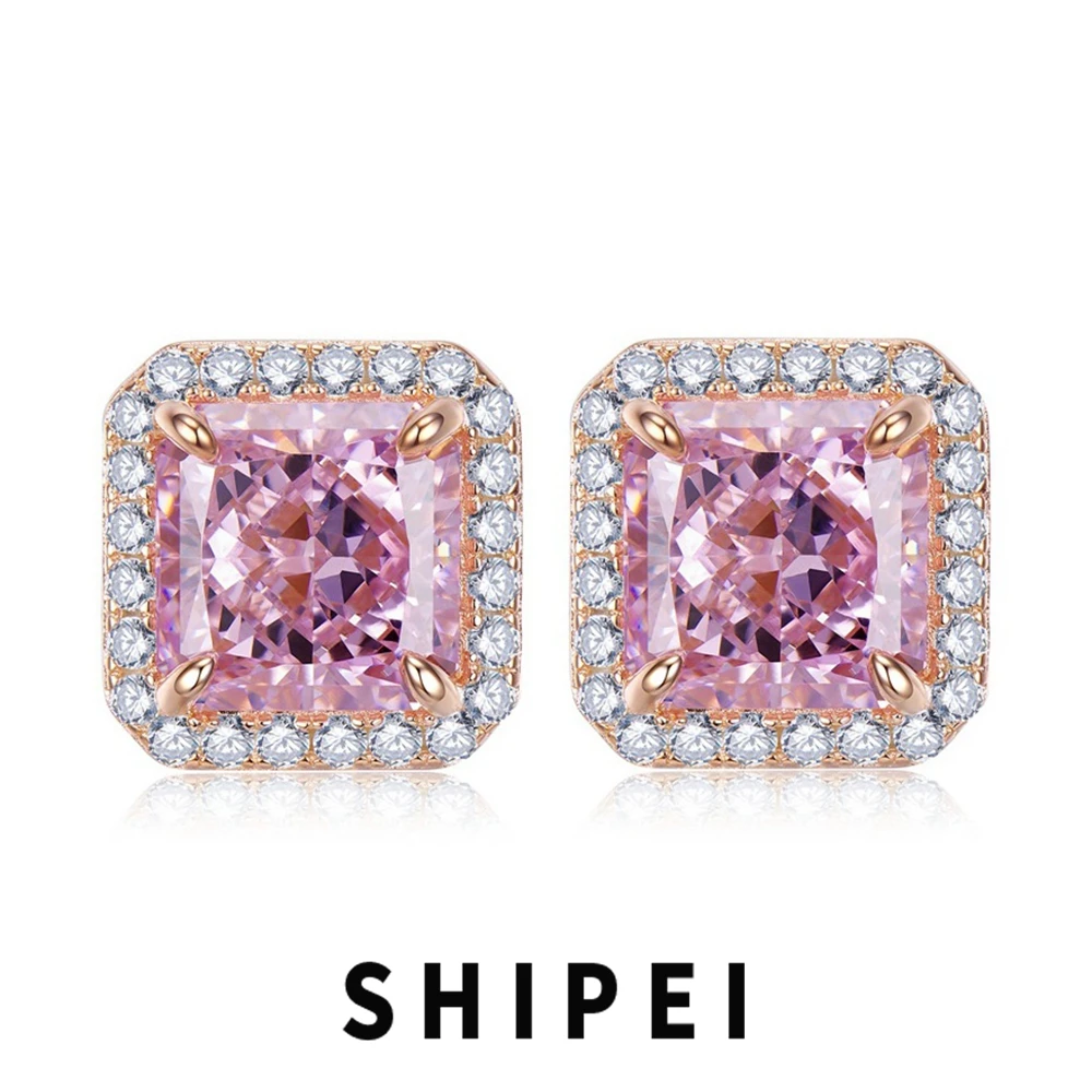 

SHIPEI 925 Sterling Silver Crushed Ice Cut 7*7 MM Pink Sapphire Gemstone Wedding Engagement Fine Jewelry Ear Studs Earrings Gift