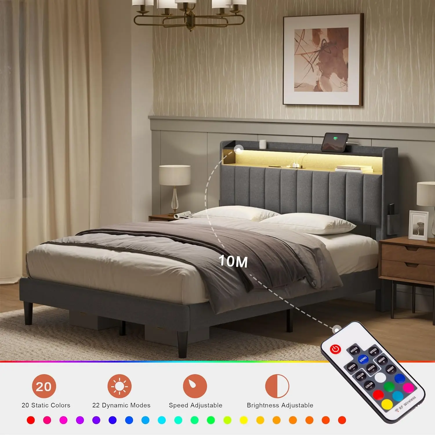 Queen Bed Frame With Storage Headboard & Footboard Modern Upholstered Platform Bed With Led Lights Usb Ports & Outlets Strong