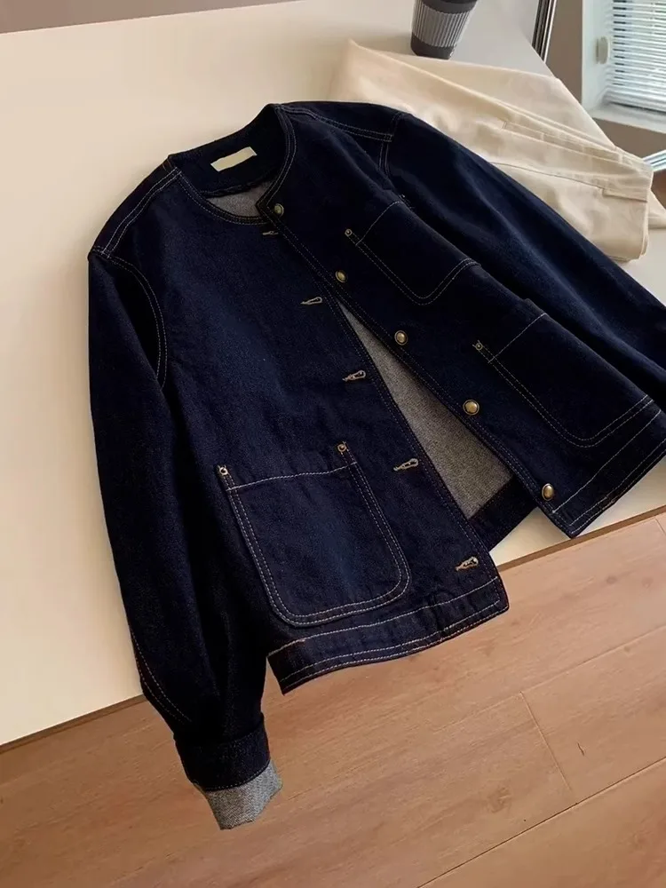 

Denim Coat Girls Womens Spring Long-Sleeved French Style Raglan Embroidered Lacework Checked Subcultural Stylish Romantic Jacket