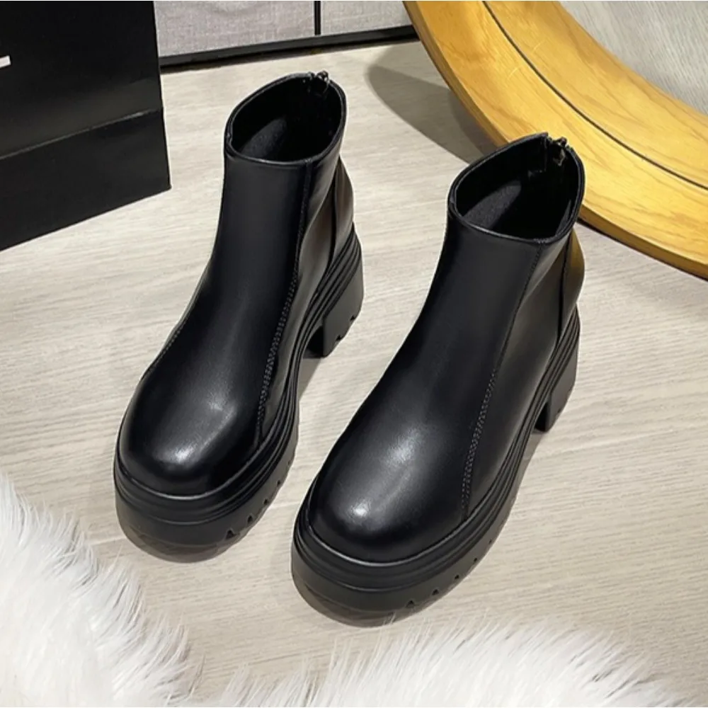 

Short Boots Women's Autumn and Winter Thick-soled Inner Heightening Bootie Women's Versatile and Thin High-heeled Leather Ankle