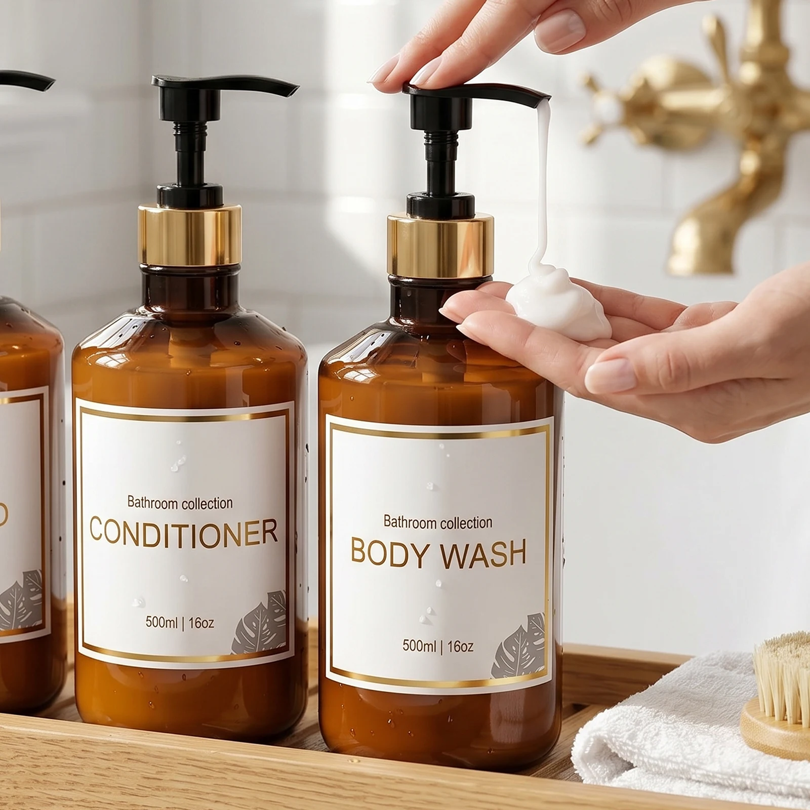 Shampoo and Conditioner Dispenser for Shower and Guest Bathroom Amber Plastic Refillable Pump Bottles for Shampoo Shower Gel view 4