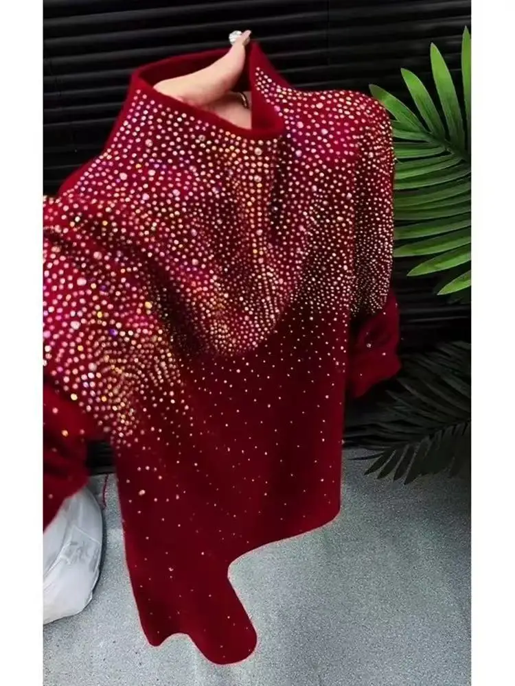 Luxury Design Diamonds Hot Drilling Slim Fit Wine Red Sweater Women Autumn/Winter Knitwear Bottoming Pullovers Femme Clothes